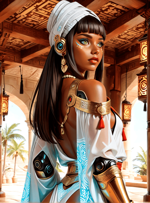 woman, columns, lanterns, pattern, armor, headwrap, dress, gears, palm trees, arches