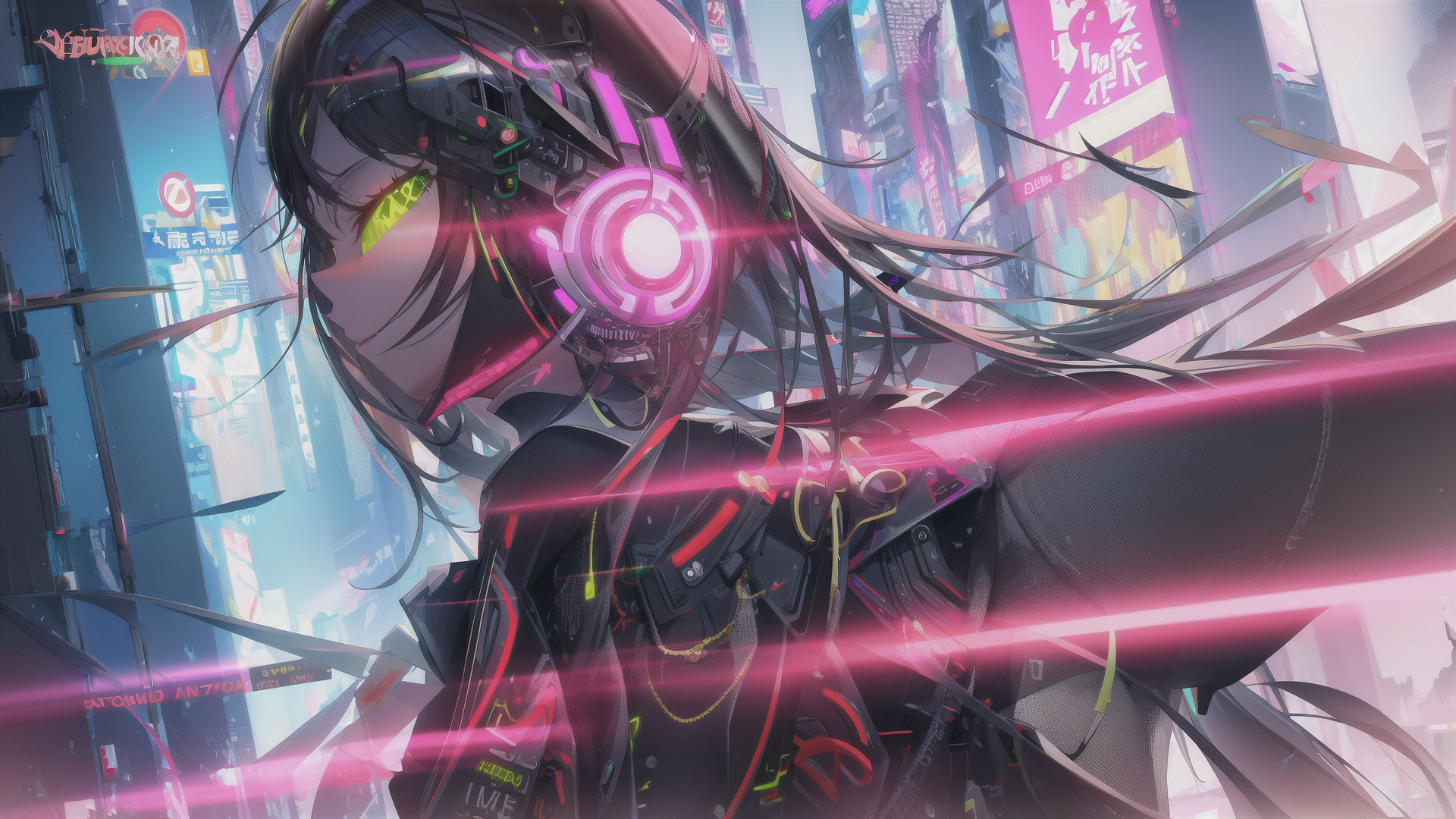 AI generated wallpaper featuring cyborg, girl, neon