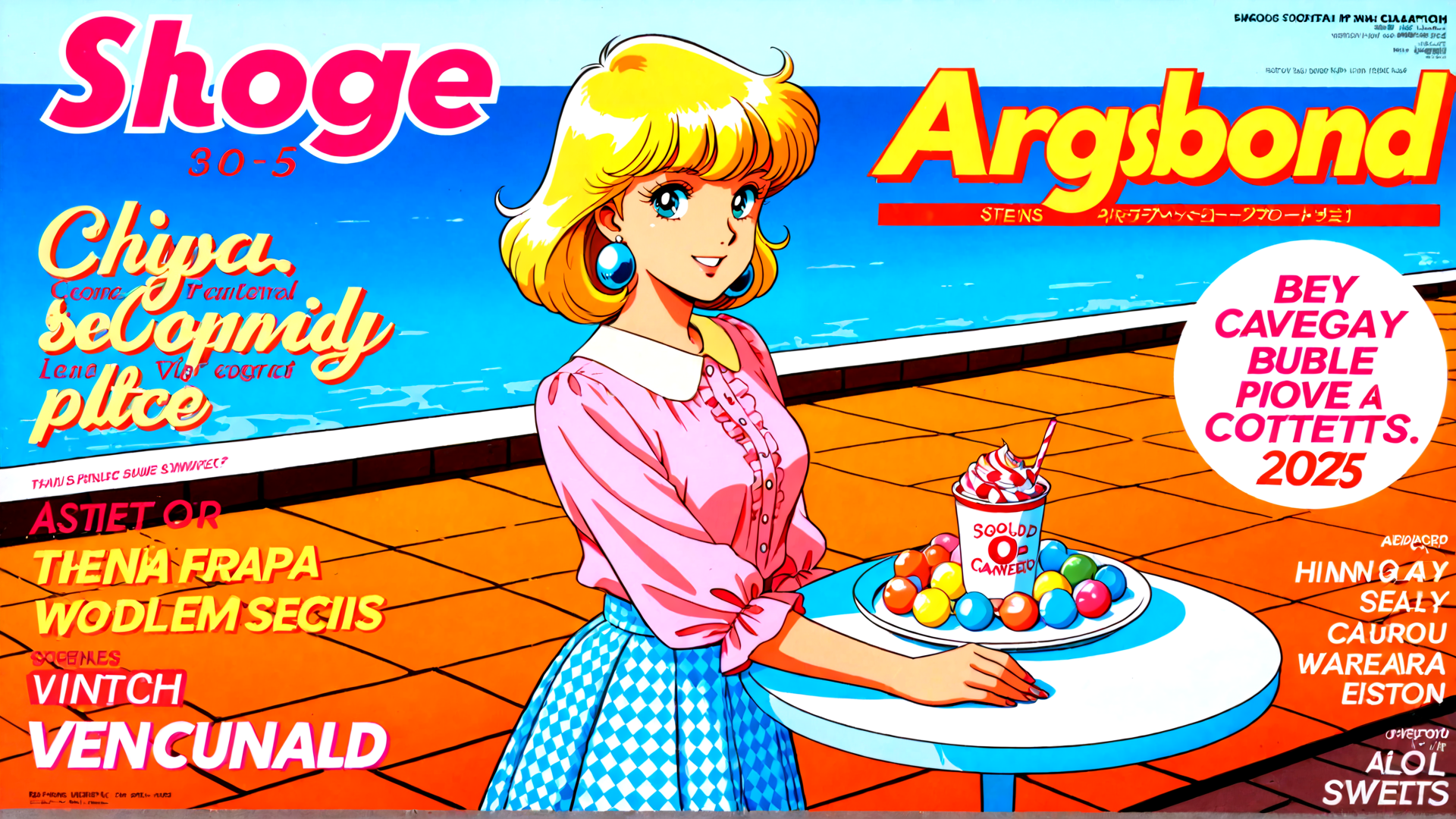 AI generated wallpaper featuring woman, hot dog, drinks, plate, bunny ears, table, swimming pool, signs, text, candy balls
