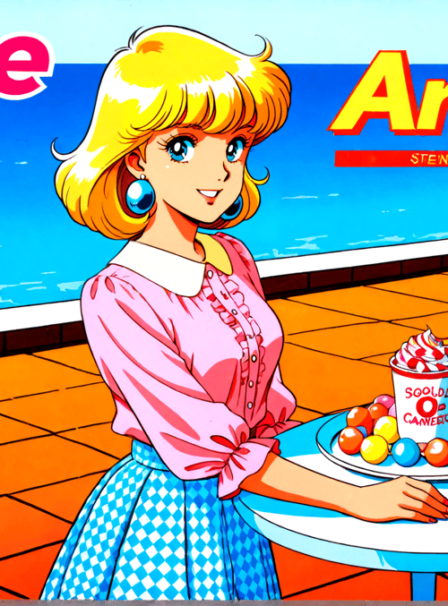 woman, hot dog, drinks, plate, bunny ears, table, swimming pool, signs, text, candy balls