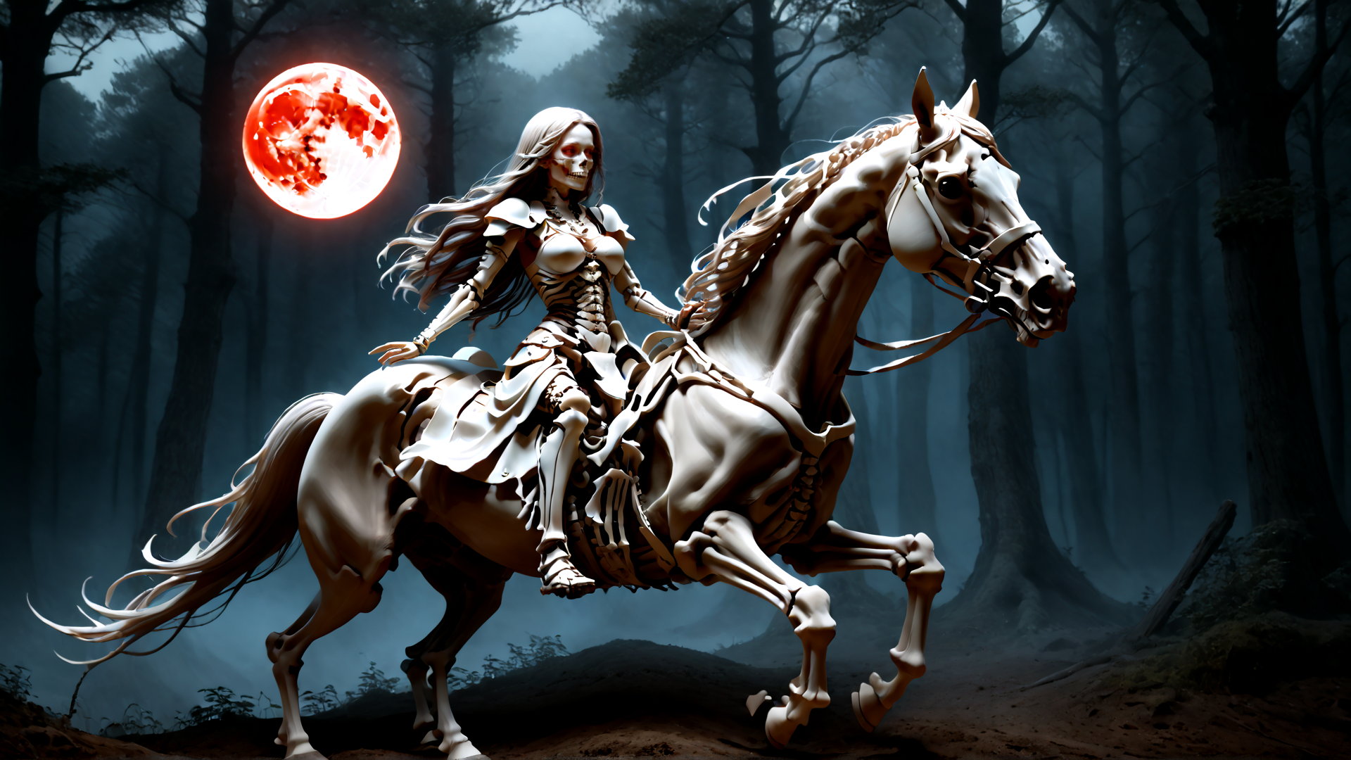 AI generated wallpaper featuring skeleton, woman, horse, forest, moon