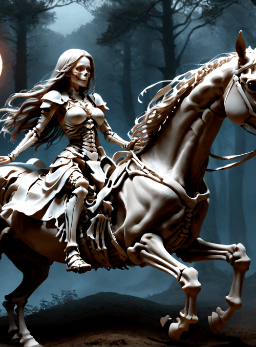skeleton, woman, horse, forest, moon