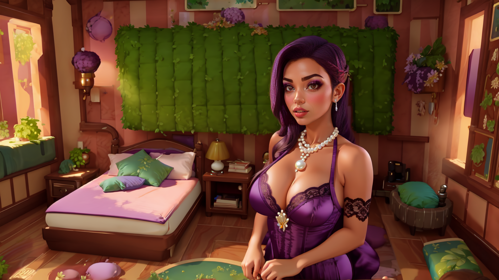 AI generated wallpaper featuring woman, bedroom, plants