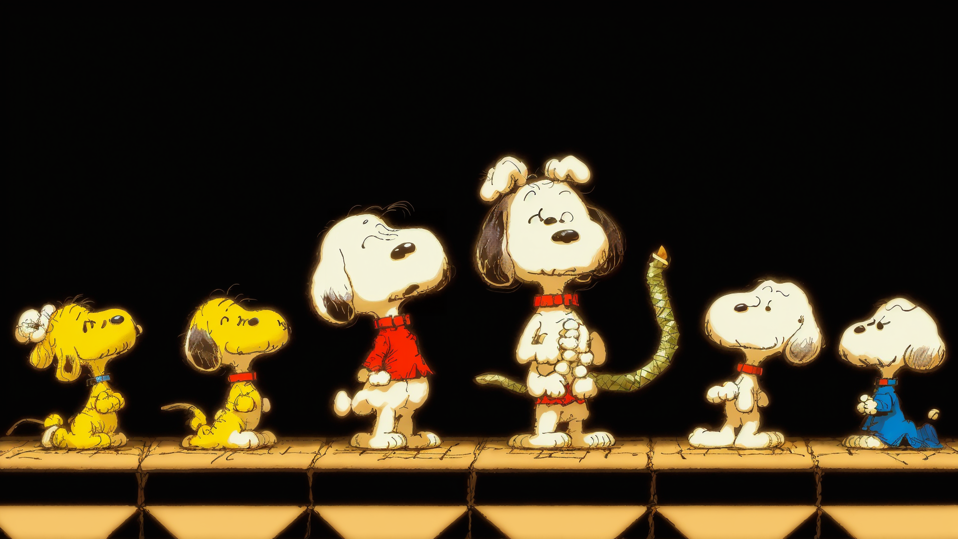 AI generated wallpaper featuring snoopy, peanuts characters, cartoon dogs