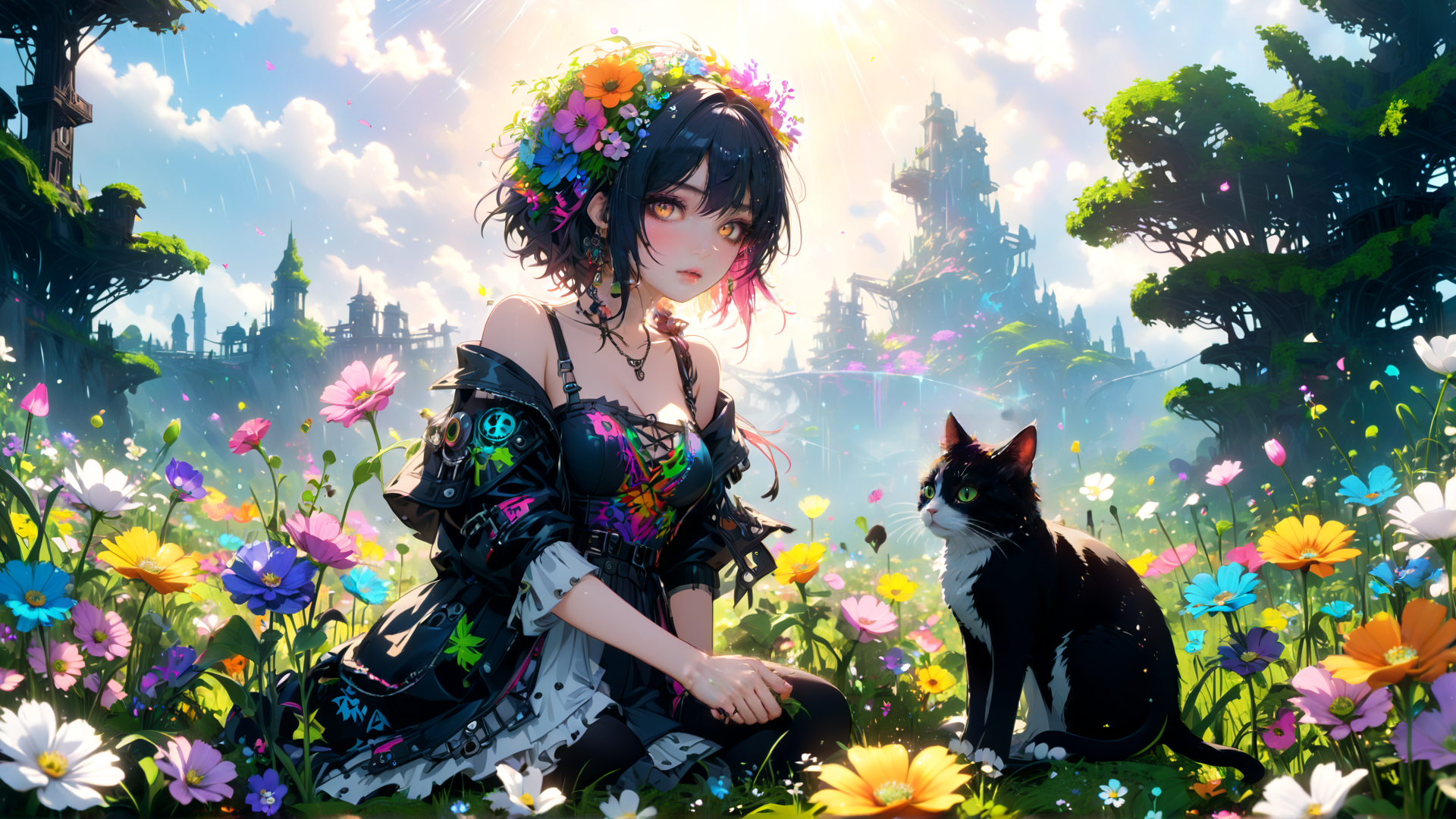 AI generated wallpaper featuring girl, cat, flowers