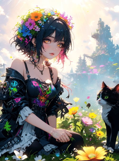girl, cat, flowers