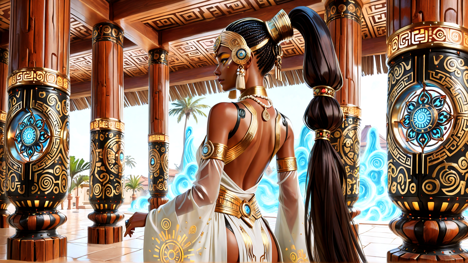 AI generated wallpaper featuring woman, ancient, goddess, tribal, statue, column, architecture, sunset, beach, temple