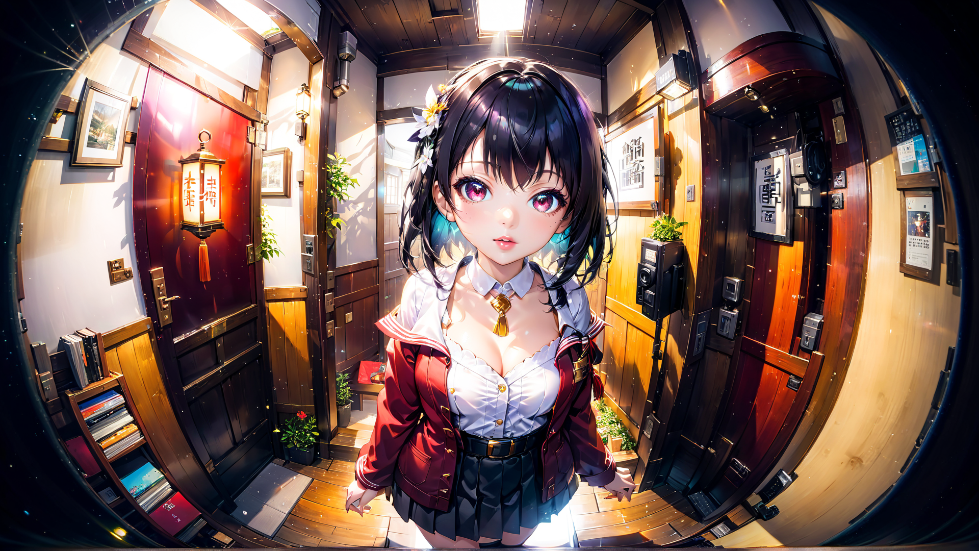 AI generated wallpaper featuring girl, school uniform, corridor, door, lantern, plants, books, telephone, flower, sailor uniform