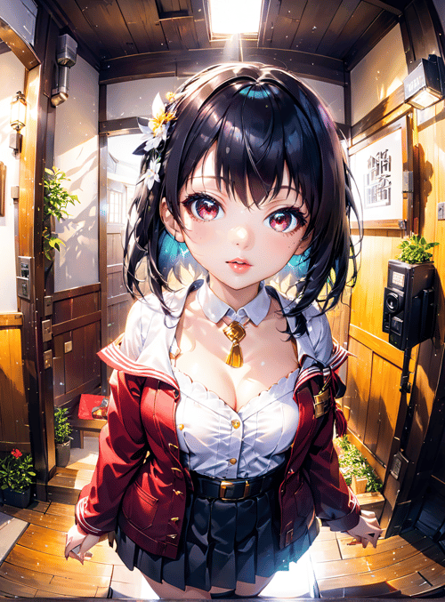 girl, school uniform, corridor, door, lantern, plants, books, telephone, flower, sailor uniform