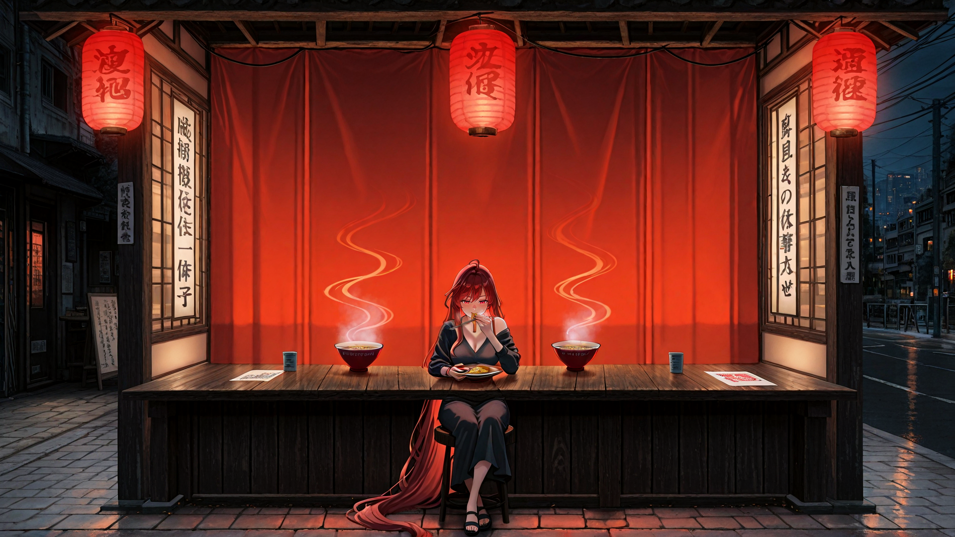 AI generated wallpaper featuring anime girl, ramen, lantern, street food stall, red curtain, wooden bench, chopsticks, bowl, cup, signboard