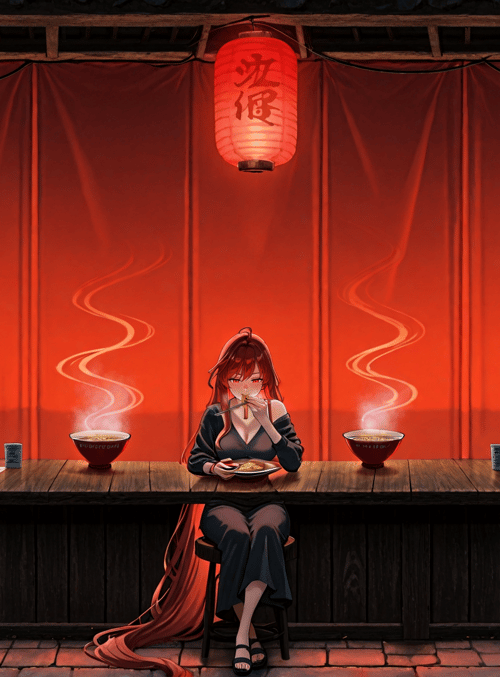 anime girl, ramen, lantern, street food stall, red curtain, wooden bench, chopsticks, bowl, cup, signboard