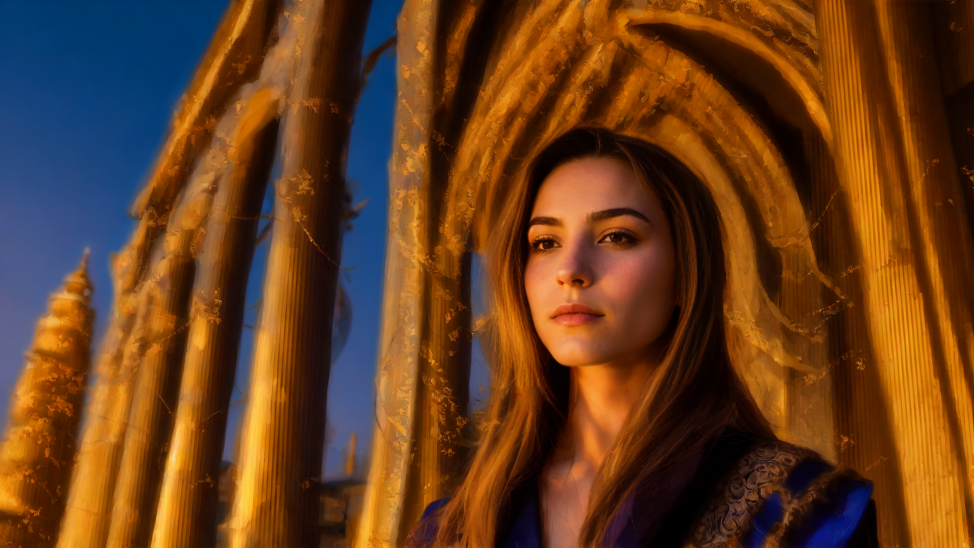 AI generated wallpaper featuring woman, architecture, tower