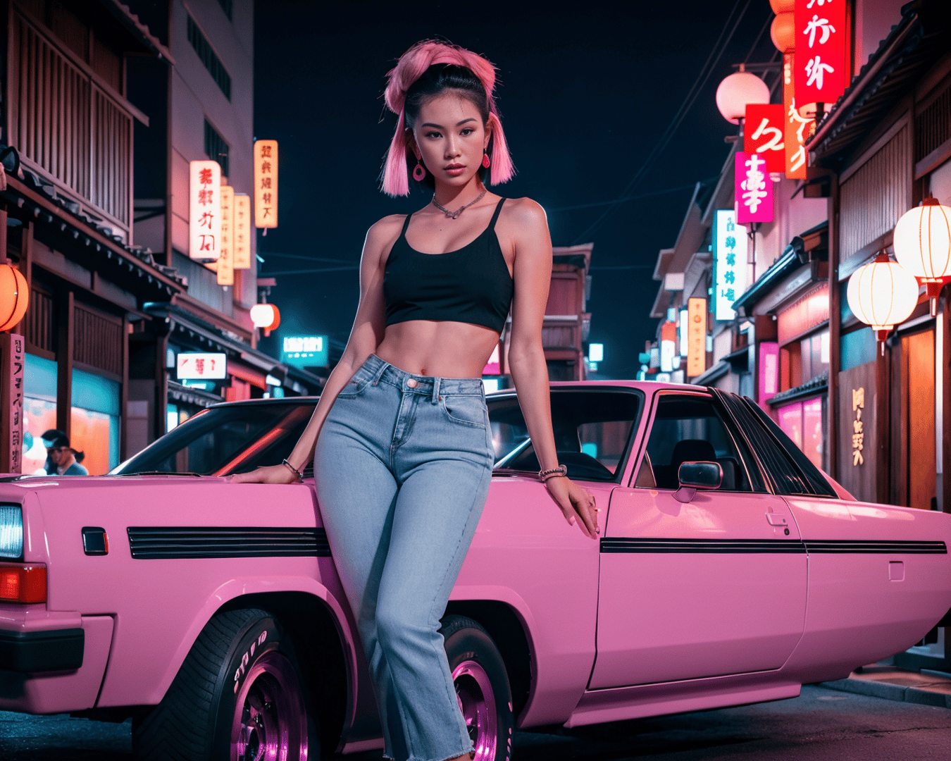 AI generated wallpaper featuring woman, car, street