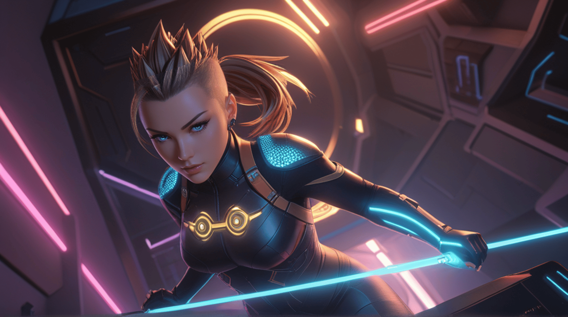 AI generated wallpaper featuring cyborg, woman, fighter