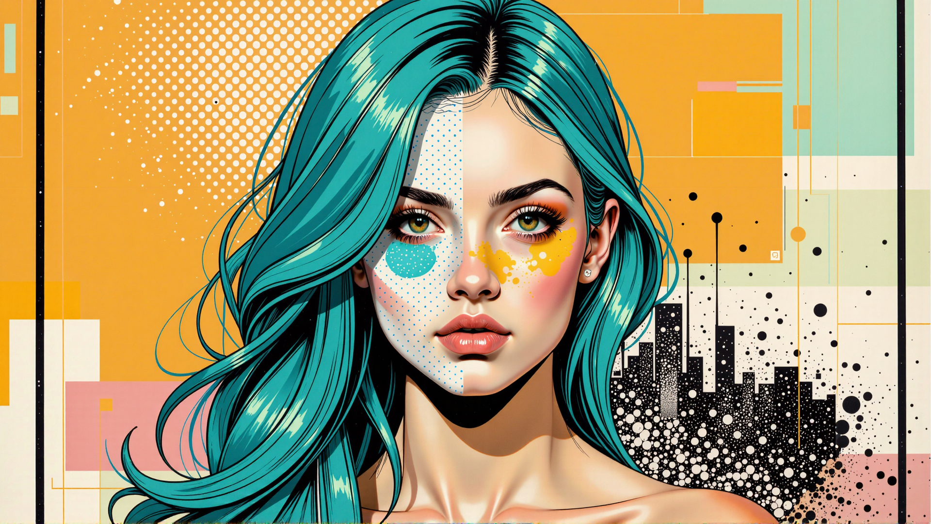 AI generated wallpaper featuring woman, hair, cityscape, art