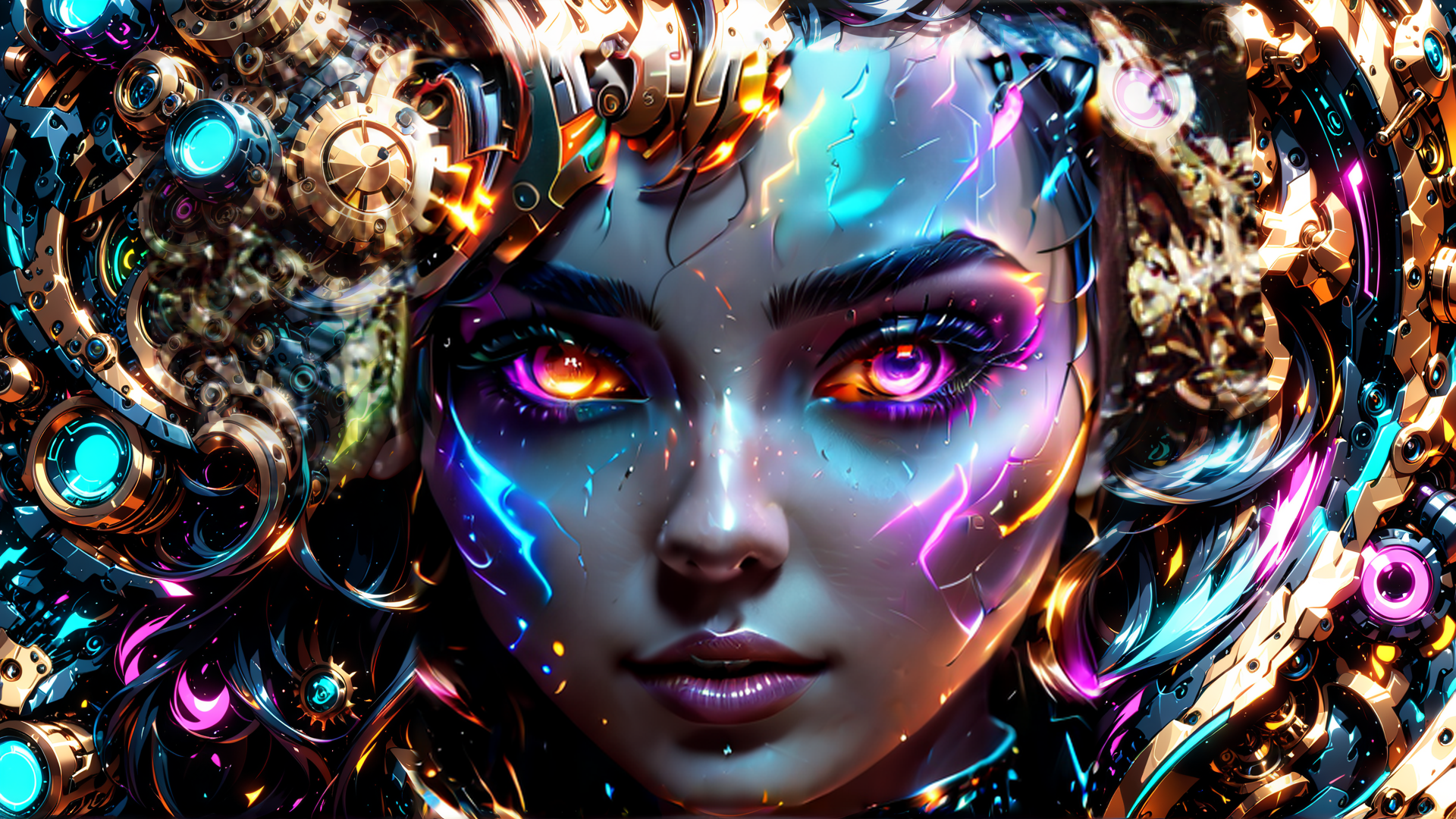 AI generated wallpaper featuring cyborg, mechanical, face