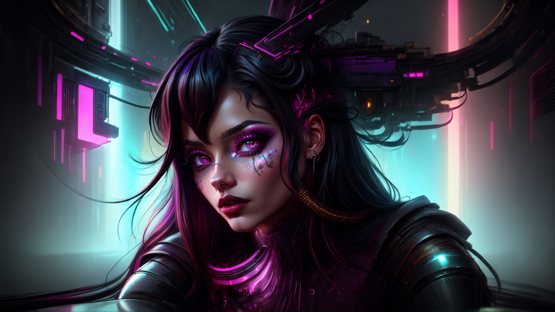 AI generated wallpaper featuring cyberpunk, woman, neon, futuristic, tech