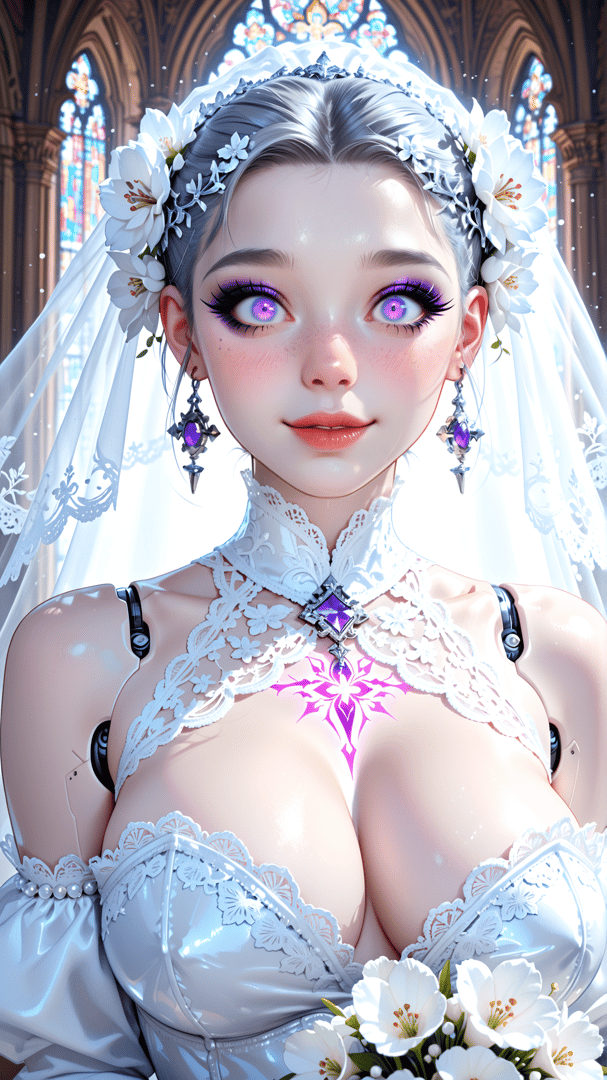 AI generated wallpaper featuring bride, robot, veil, flowers, choker, earrings, crown, stained glass, lattice, chest