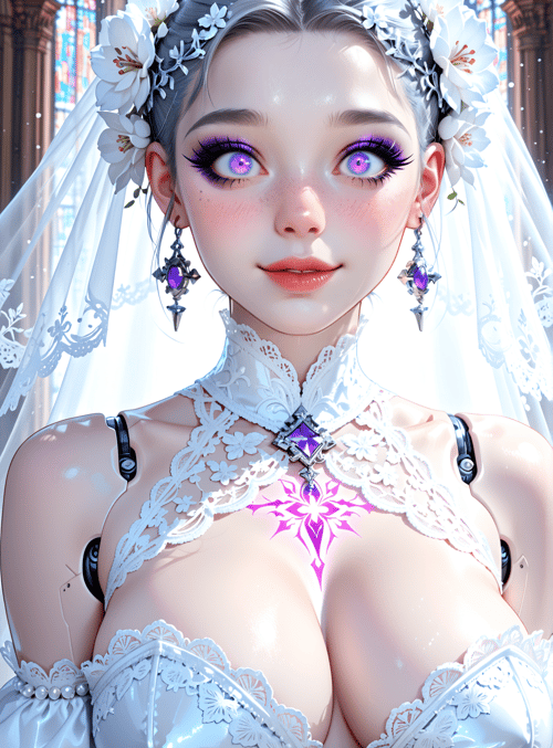 bride, robot, veil, flowers, choker, earrings, crown, stained glass, lattice, chest