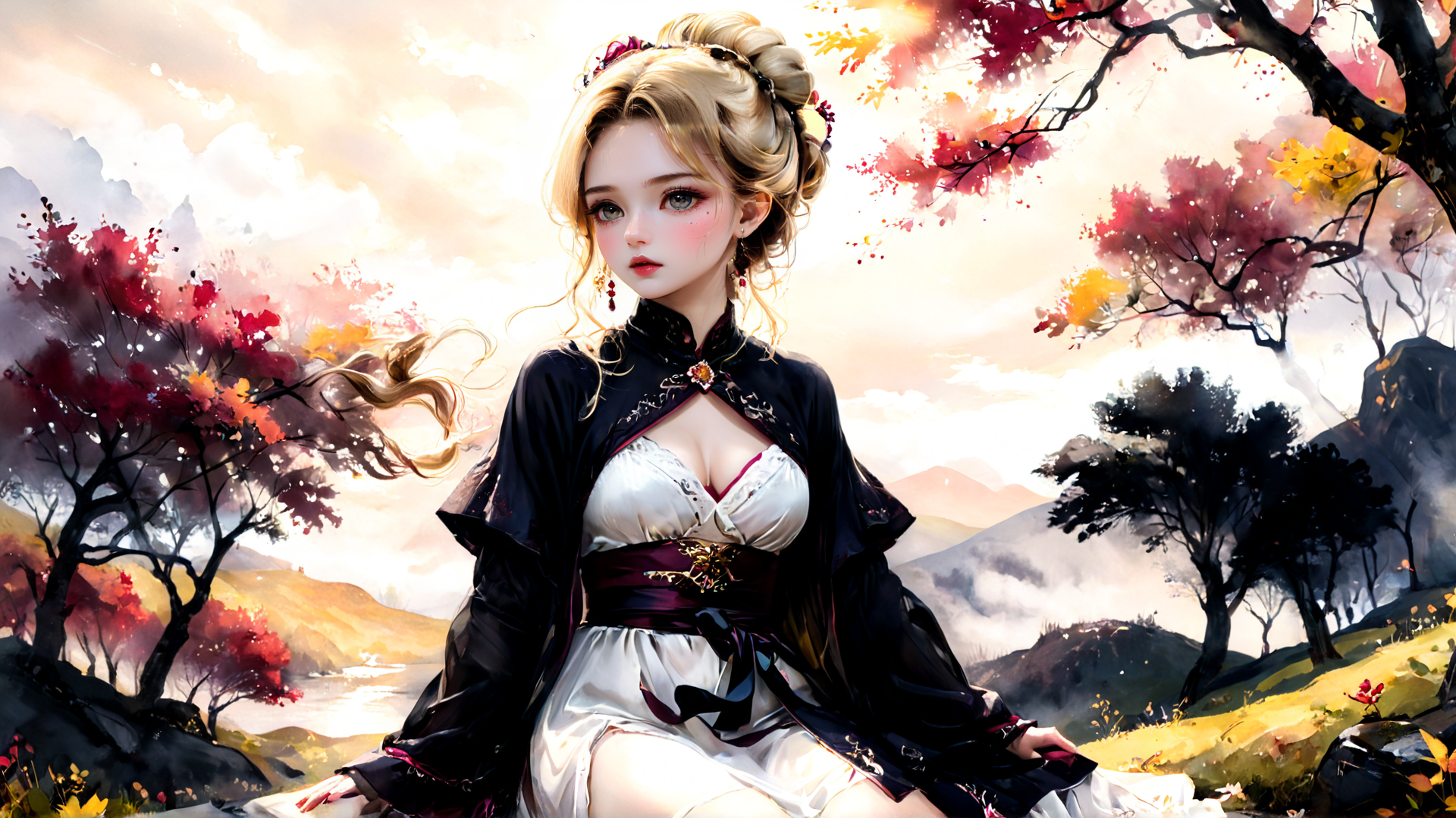 AI generated wallpaper featuring woman, nature, landscape