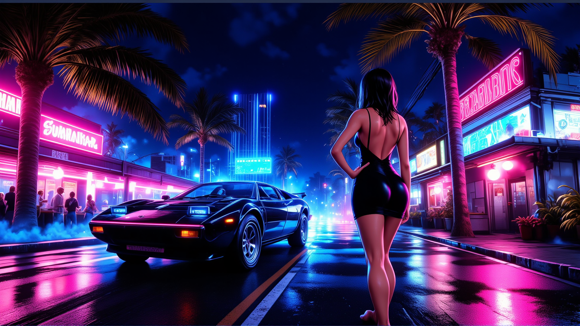AI generated wallpaper featuring woman, car, palm trees