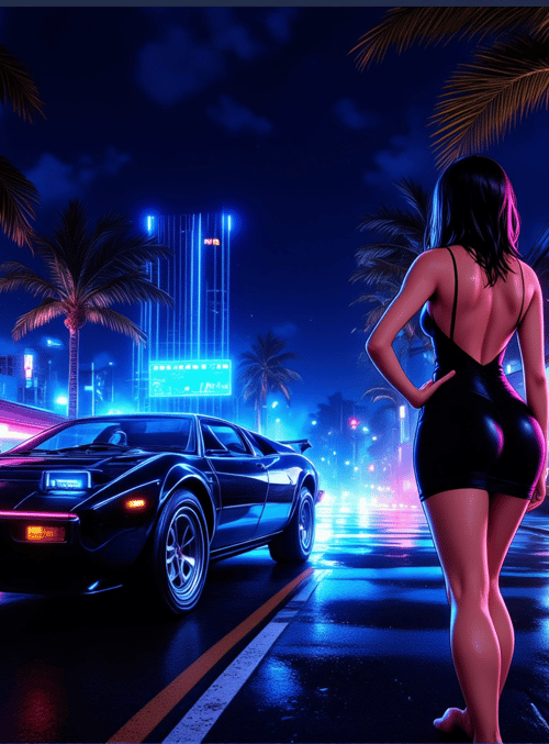 woman, car, palm trees