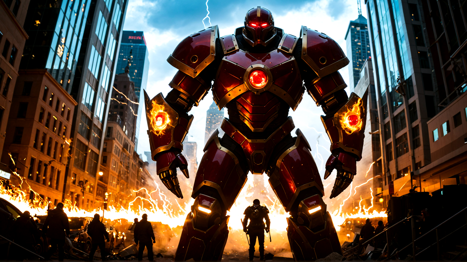 AI generated wallpaper featuring robot, armor, city, fire, people, lightning