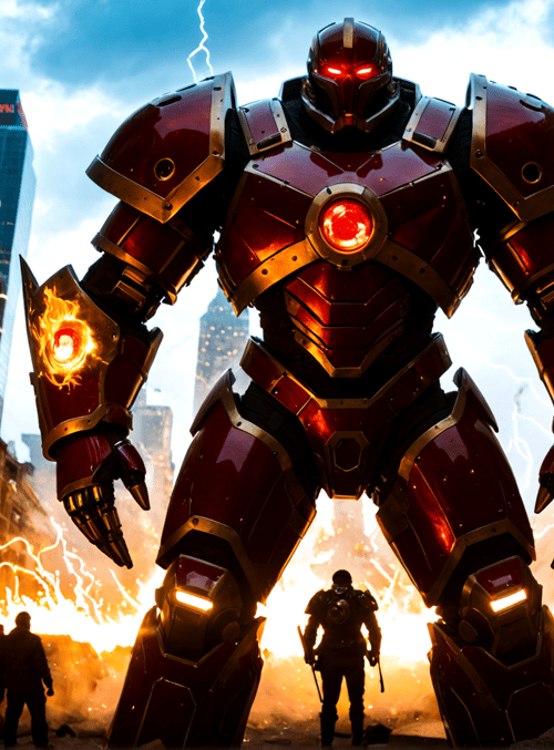 robot, armor, city, fire, people, lightning