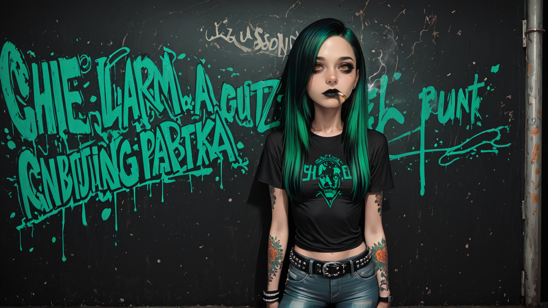 AI generated wallpaper featuring woman, graffiti, tattoo, cigarette, jeans, t-shirt
