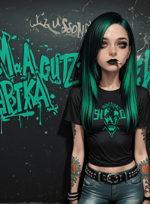 woman, graffiti, tattoo, cigarette, jeans, t-shirt