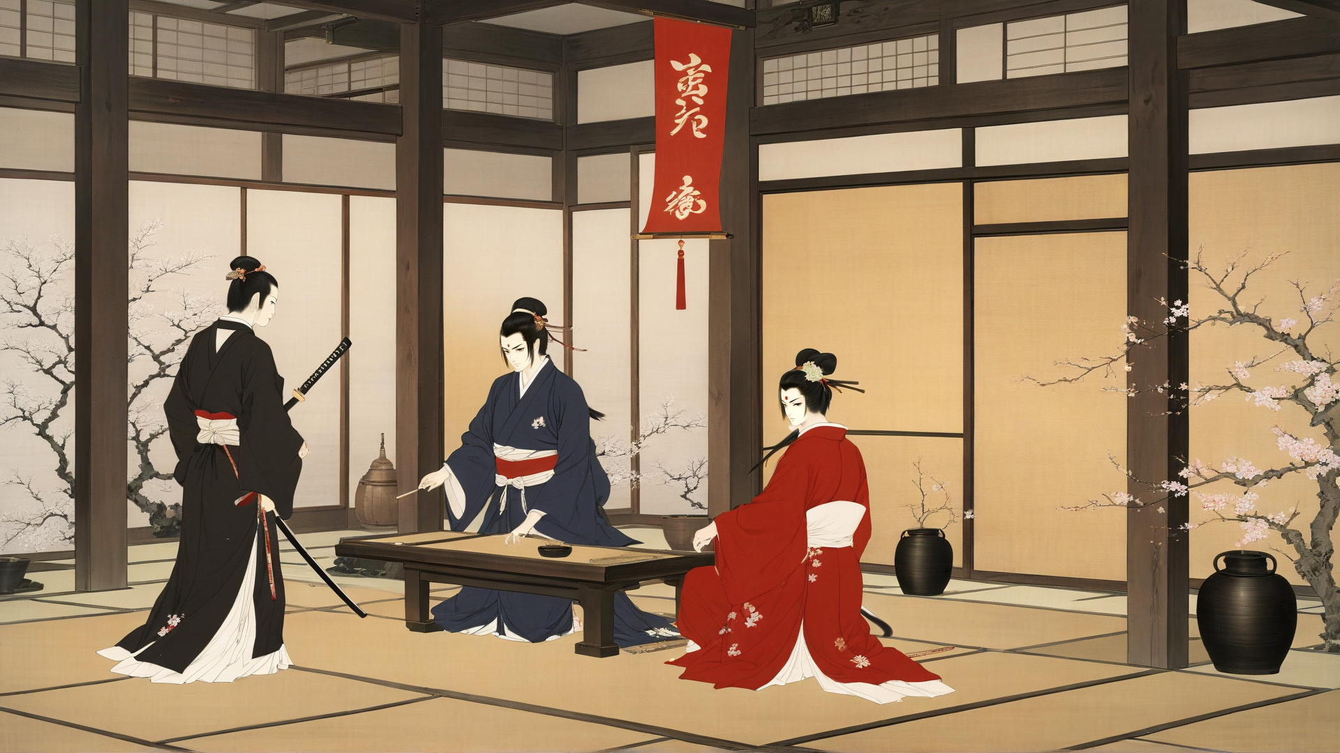 AI generated wallpaper featuring samurai, geisha, chess, traditional, rooms, banners, trees, vases, kimono, cherry blossoms