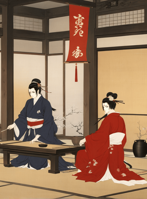 samurai, geisha, chess, traditional, rooms, banners, trees, vases, kimono, cherry blossoms
