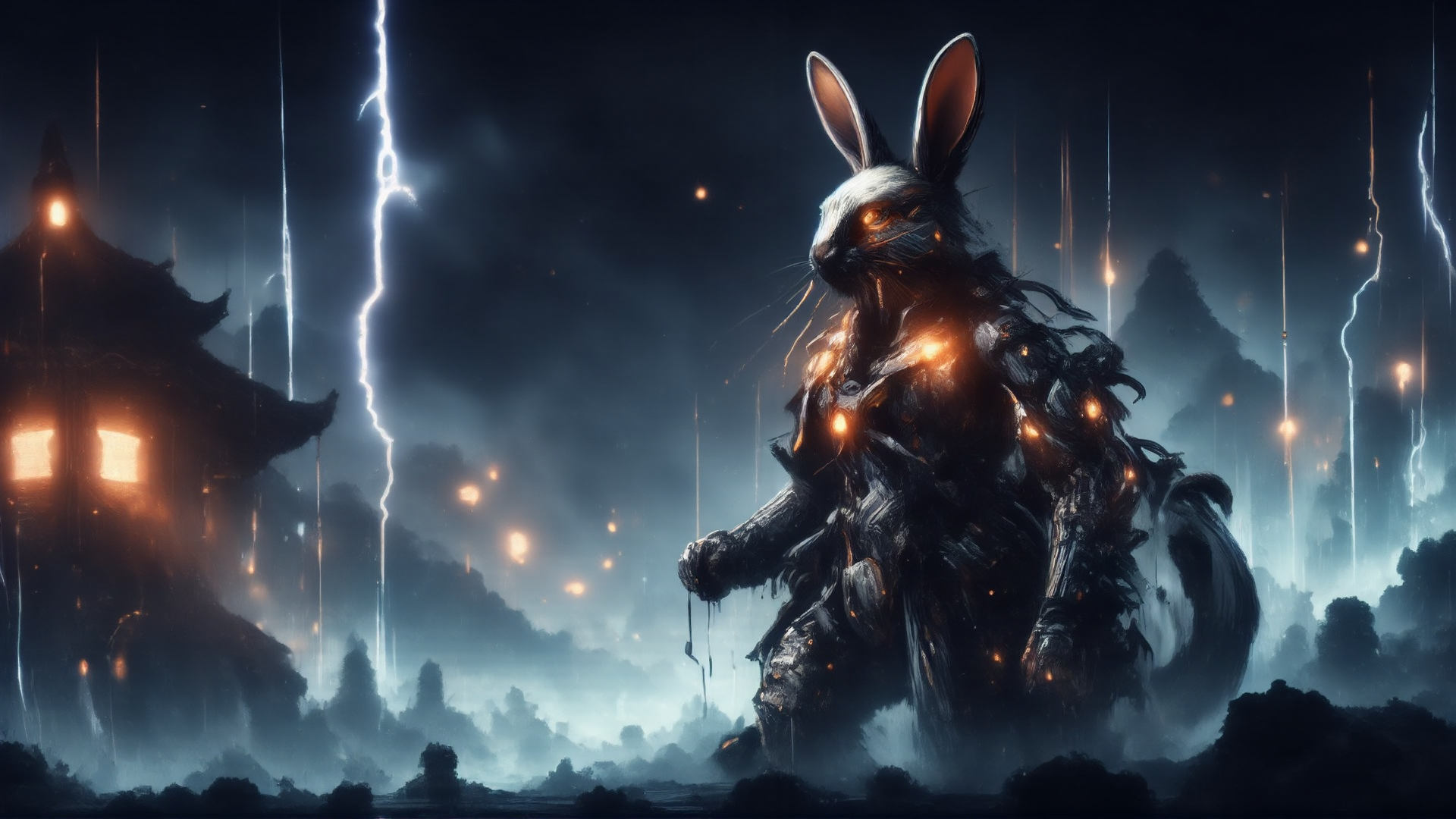 AI generated wallpaper featuring rabbit, mecha, giant, ancient, creature