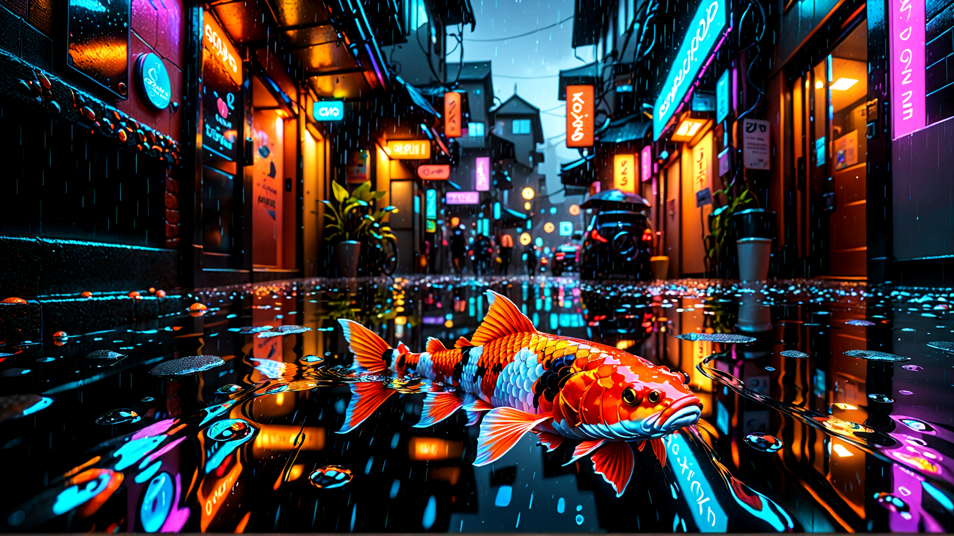 AI generated wallpaper featuring koi fish, street, neon signs, rain, reflection, city, signboards, buildings, water, streetlights