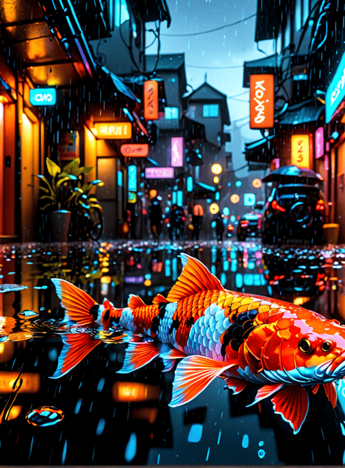 koi fish, street, neon signs, rain, reflection, city, signboards, buildings, water, streetlights