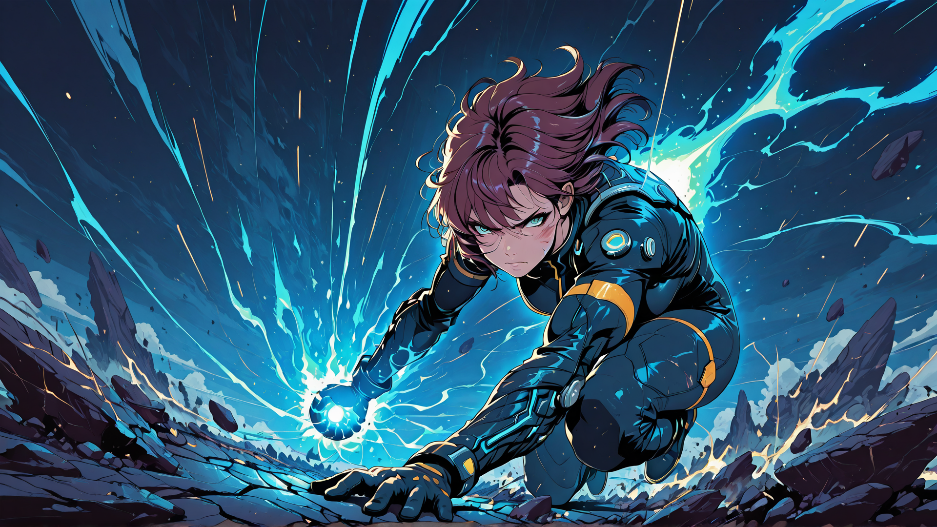 AI generated wallpaper featuring character, astronaut, superhero, woman, electricity, rocks, space