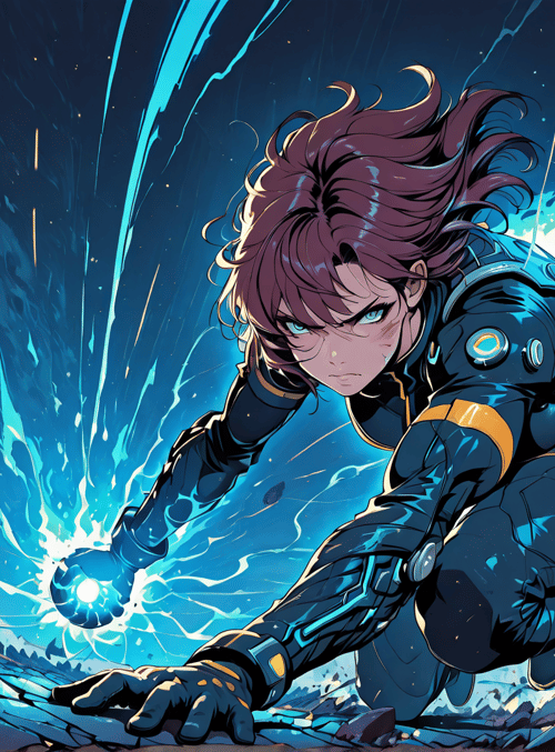 character, astronaut, superhero, woman, electricity, rocks, space