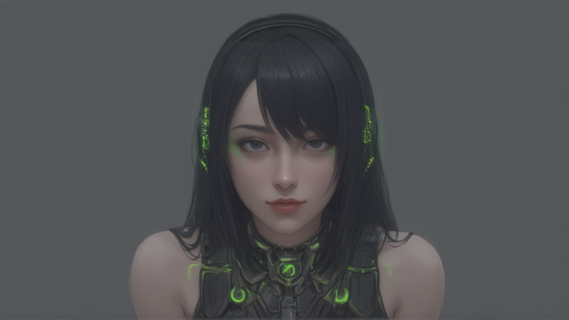 AI generated wallpaper featuring cyberpunk woman, robotic figure, neon character