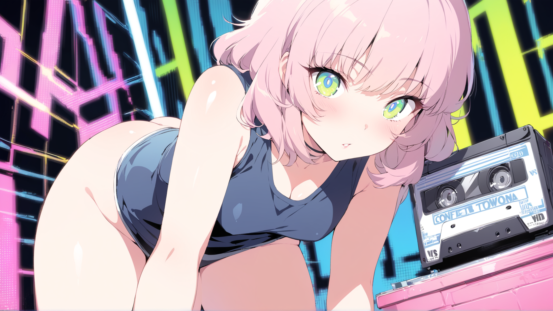 AI generated wallpaper featuring anime girl, cassette tape