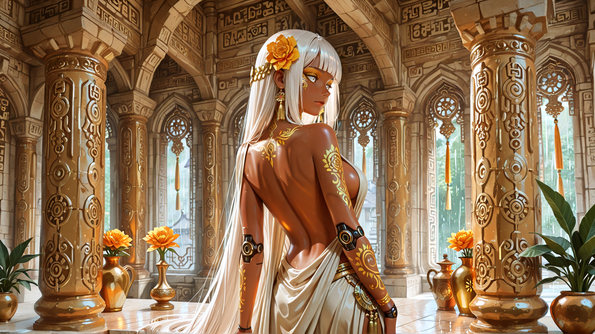 AI generated wallpaper featuring woman, column, flower, vase, archway, ornament, headdress, tassel, silk, turban