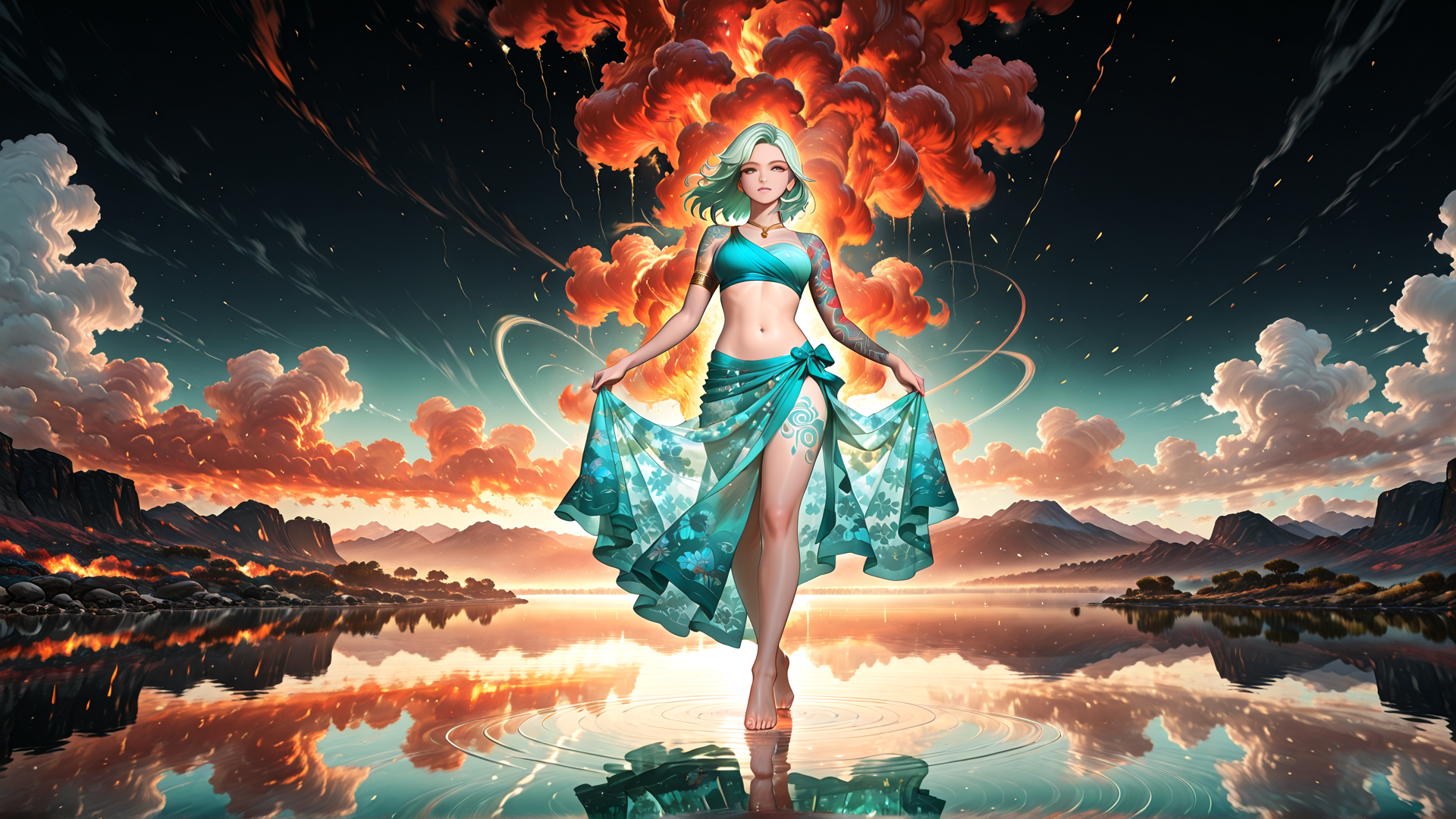 AI generated wallpaper featuring woman, sky, water, mountains, clouds
