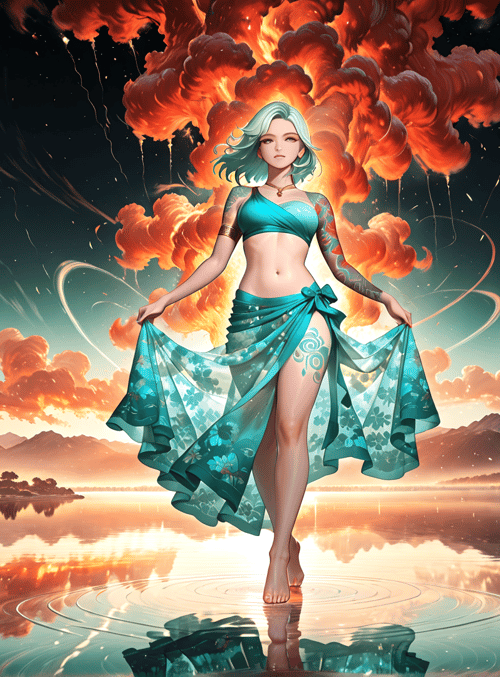 woman, sky, water, mountains, clouds