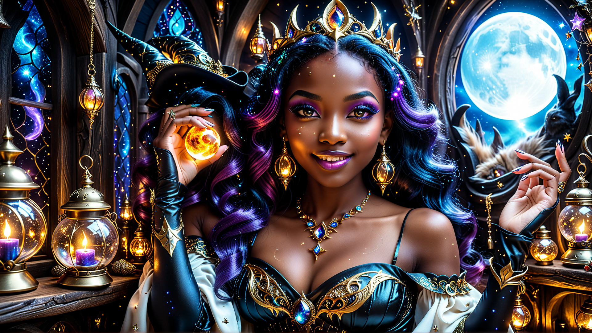 AI generated wallpaper featuring witch, crystal, lanterns, moon, crown, dragon, gloves, jewelry, hair, mirror