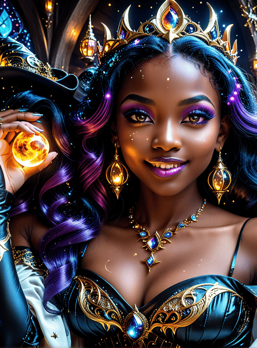 witch, crystal, lanterns, moon, crown, dragon, gloves, jewelry, hair, mirror