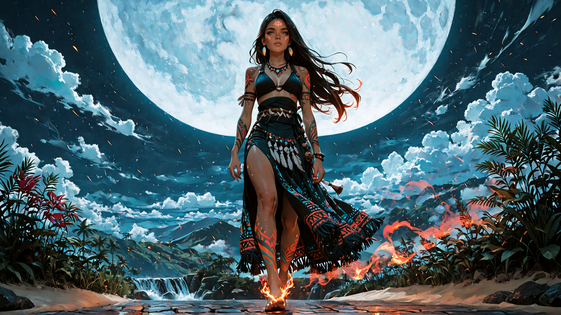 AI generated wallpaper featuring woman, moon, tattoo, fire, nature, dress, jewelry, plants, sand, waterfall