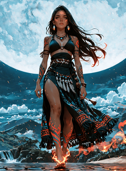 woman, moon, tattoo, fire, nature, dress, jewelry, plants, sand, waterfall