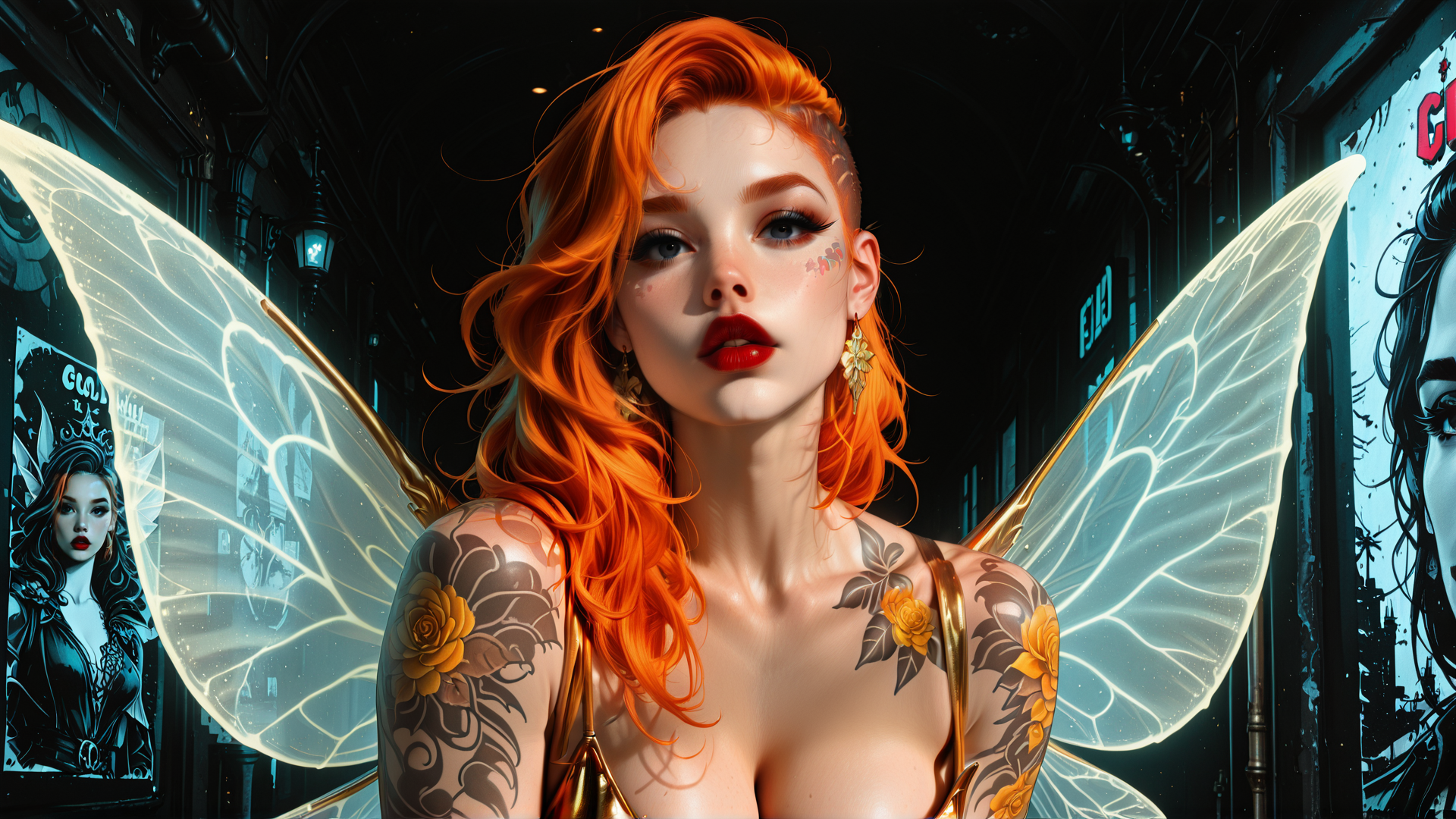 AI generated wallpaper featuring fairy, woman, tattoo, wing