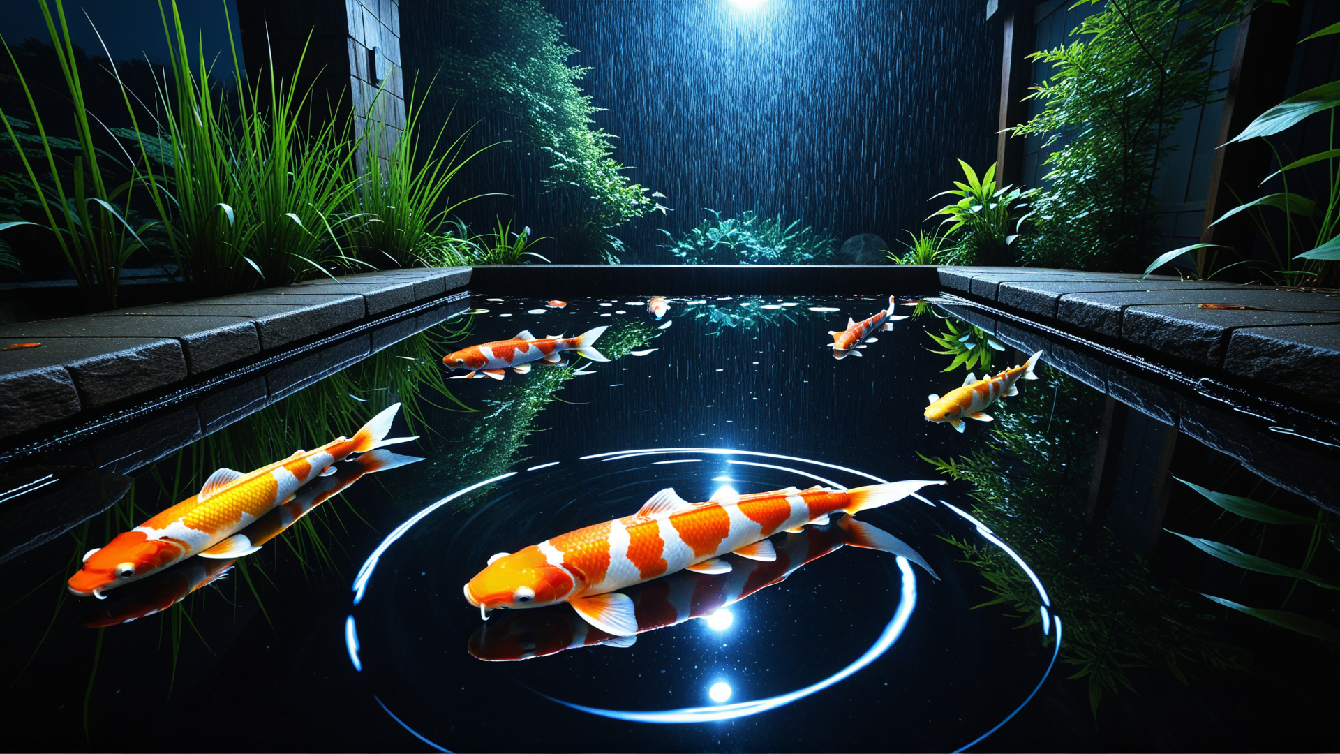 AI generated wallpaper featuring koi, fish, pond, plants, water, railing, koi fish, lotus, waterfall