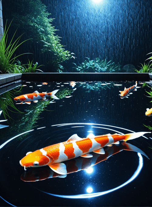 koi, fish, pond, plants, water, railing, koi fish, lotus, waterfall