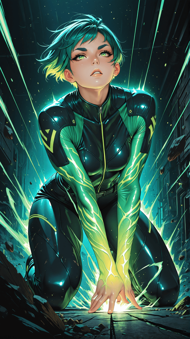 AI generated wallpaper featuring woman, kneeling, cyberpunk, character, electric, energy, armor, gloves